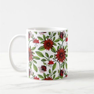 Caneca De Café abstrato vermelho e folhas verdes em branco