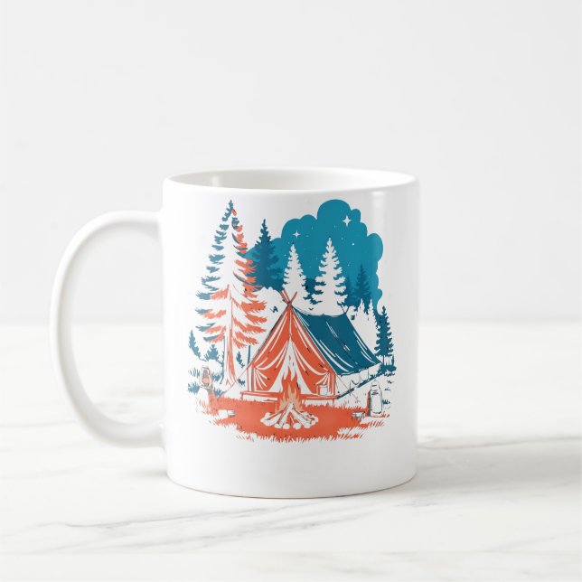 Caneca De Café Acampamento de Tenda sob Estrelas Fogueira e Árvor (Esquerda)