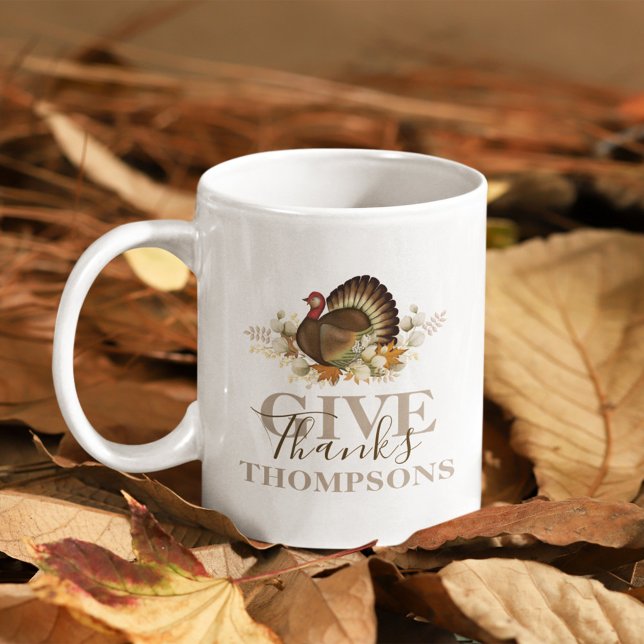 Caneca De Café Ação de Graças de outono - Obrigados (Give Thanks Thanksgiving watercolor turkey. )