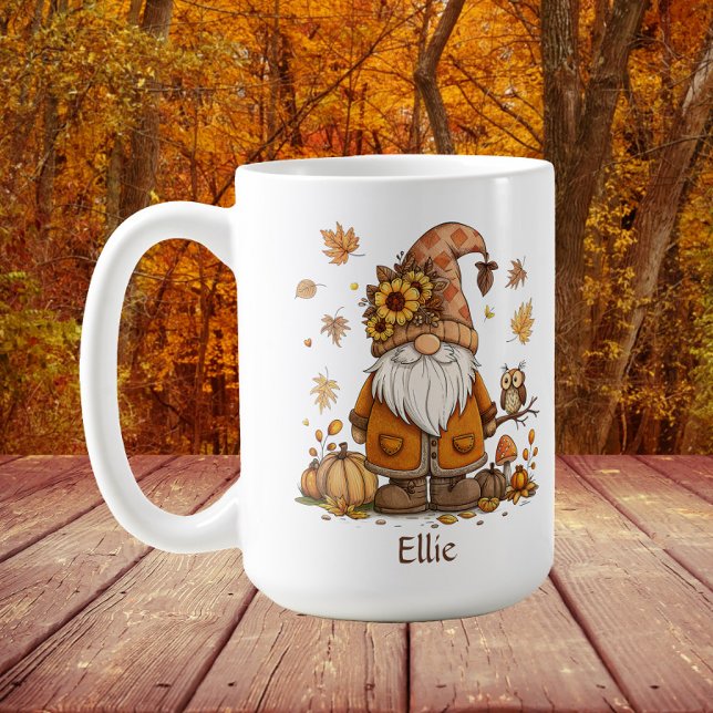 Caneca De Café Ação de Graças Gnome Pumpkin Autumn Leaves (Autumn/fall gnome mug personalized with a name)