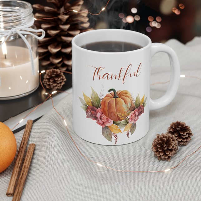 Caneca De Café Ação de Graças Personalizada Pumpkin Laranja de Ou (Thanksgiving Thankful Fall Leaves and Pumpkin Custom 11oz White Coffee Mug)