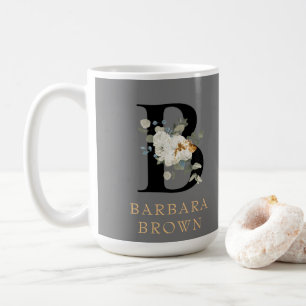 Caneca De Café Acentos Dourados Florais Brancos Decorativos Monog