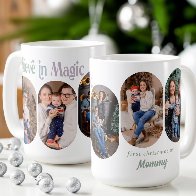 Caneca De Café Acredite em Magic 5 Lozenge Foto Nova Mãe (Believe in Magic first christmas with new baby 5 photo mug  Rounded Lozenge Photo Collage collection)
