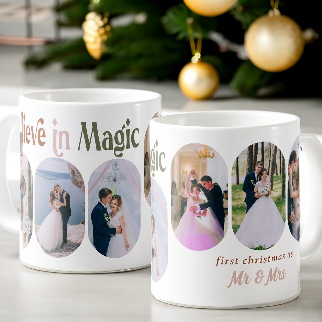 Caneca De Café Acredite em Magic 6 Lozenge Foto Arredondada Nova (Believe in Magic First Christmas Married from my Rounded Lozenge Photo Collage collection)