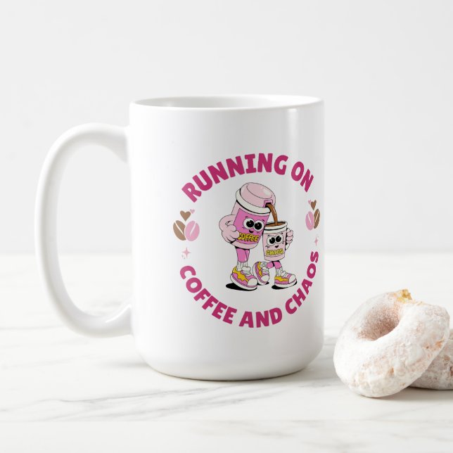 Caneca De Café Adesivo Correndo em Café e Caos (Com Donut)