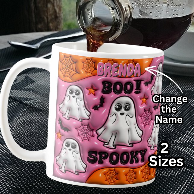 Caneca De Café Adicionar BOO de Nome! Laranja e rosa, fantasmas b (Criador carregado)