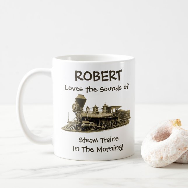 Caneca De Café Adicionar Nome Alterar Texto Ama Sons de Comboios  (Com Donut)