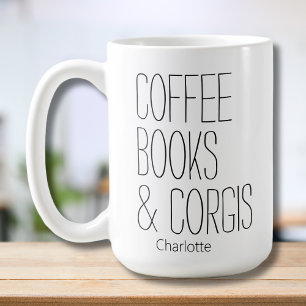Caneca De Café Adicionar Nome aos Livros e Corgis de Café Minimal