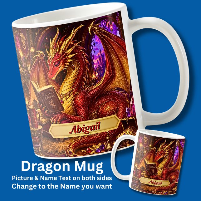 Caneca De Café Adicionar Nome, Dragão Fantástico com Livro & Café (Criador carregado)