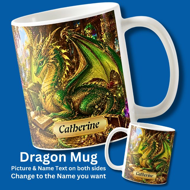Caneca De Café Adicionar Nome Dragão Verde Dourado com Livro & Ca (Criador carregado)