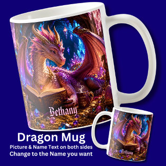 Caneca De Café Adicionar Nome Fantasia Dragão com Livro & Café
