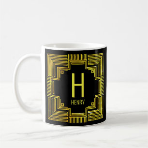 Caneca De Café Adicionar Nome Inicial Linha Geométrica Dourada F