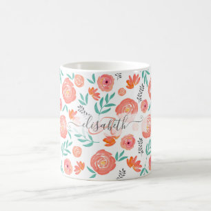 Caneca De Café Adicionar Nome + Padrão Floral Coral Cor de Água