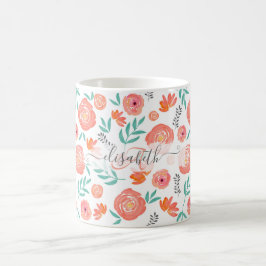 Caneca De Café Adicionar Nome + Padrão Floral Coral Cor de Água R