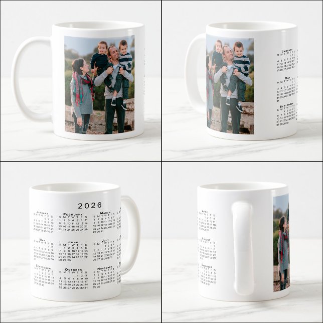 Caneca De Café Adicionar o Calendário Personalizado de Foto 2026 (Add Your Photo Custom 2026 Calendar Coffee Mug, multiple views)