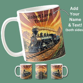 Caneca De Café Adicionar Texto De Nome, Comboio A Vapor No Sunset