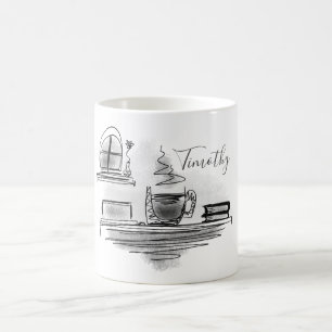 Caneca De Café Adicione seu nome Desenho de café preto e branco
