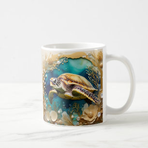 Caneca De Café Adicione seu nome Tartarugas 3D sob o oceano
