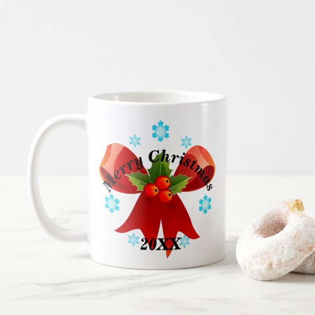 Caneca De Café Adicione sua data Feliz Fita Vermelha Natal (Com Donut)