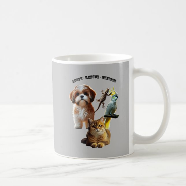 Caneca De Café Adoção Pet com Cão, Gato, Pássaro e URM Lizard (Direita)