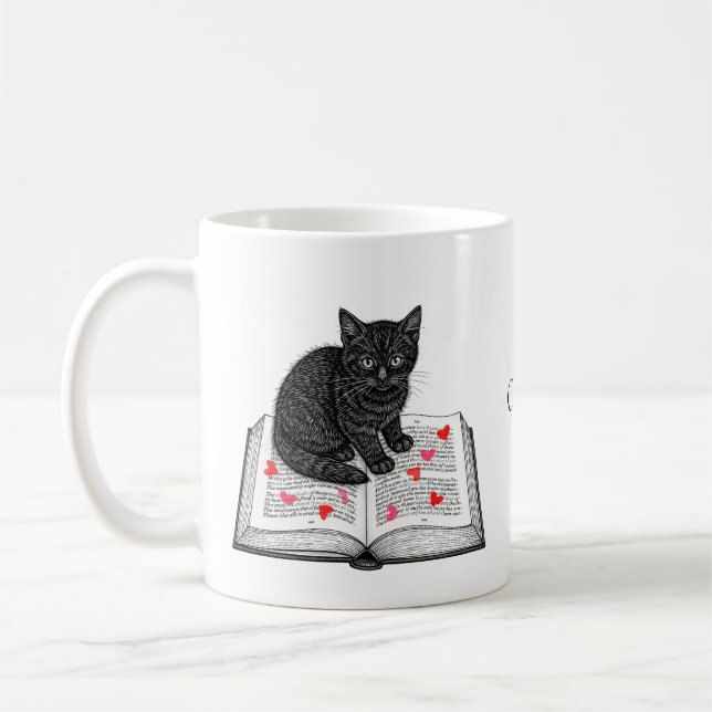Caneca De Café Adorable Black Cat Kitten on Book Custom Name (Esquerda)