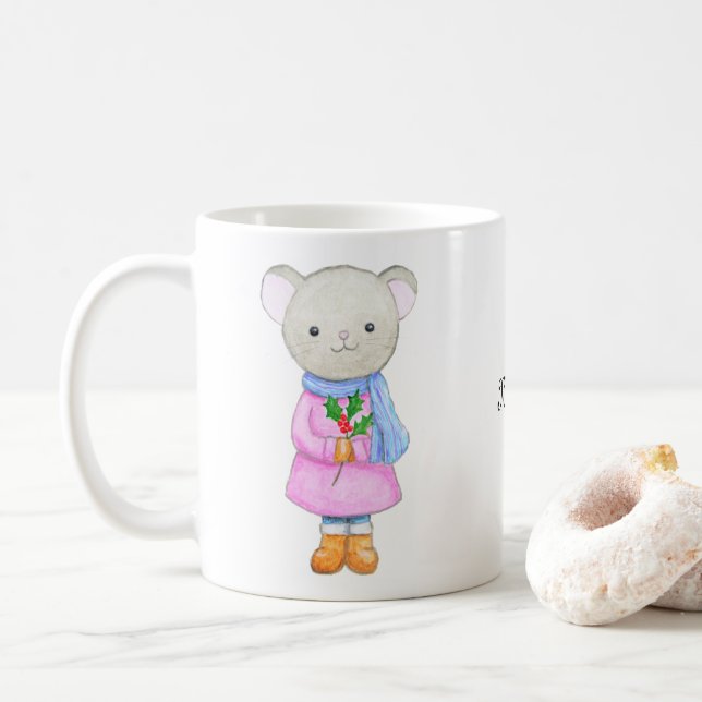 Caneca De Café Adorable Mouse Girl in Winter Clothing Christmas (Com Donut)