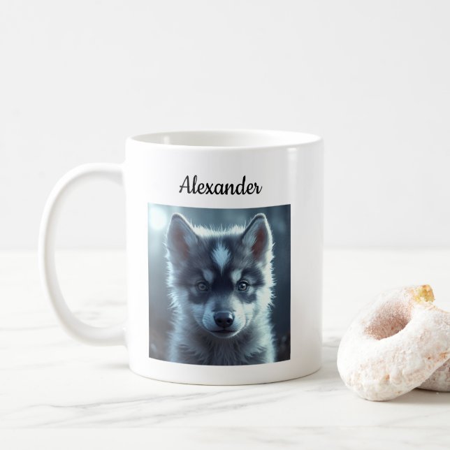 Caneca De Café Adorable Wolf Baby in the Moonlight (Com Donut)