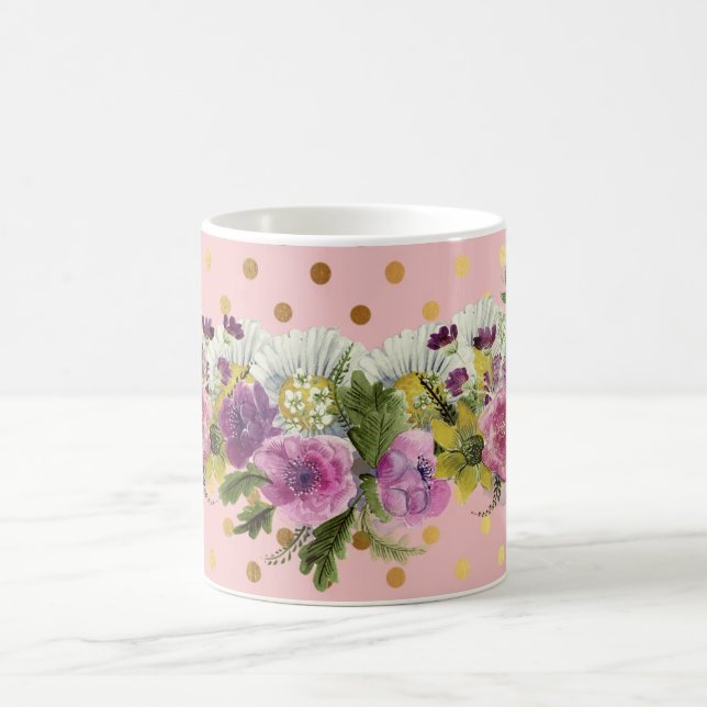 Caneca De Café Adoráveis Flores em Aquarela com Pontos Polka Dour (Centro)
