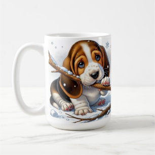 Caneca De Café Adorável Cachorrinho Segurando um Galho Nevado