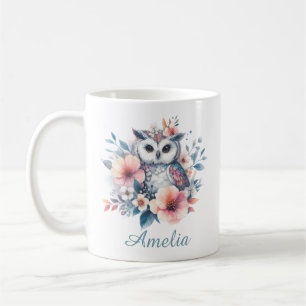 Caneca De Café Adorável Coruja Aquarela de Flores de Cerejeira Pe