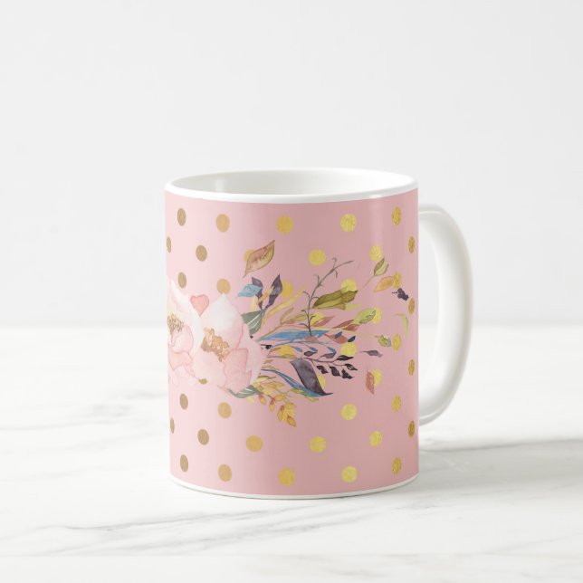 Caneca De Café Adorável Flores de Pontos Polka Dourados Falsos (Frente Esquerda)