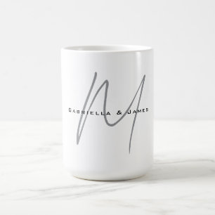 Caneca De Café Adorável Monograma Preto Branco Cinza Caligrafia