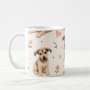 Caneca De Café Adorável padrão floral de cachorrinho com corações