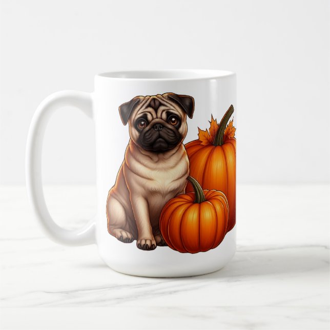 Caneca De Café Adorável Pug Sentado ao Lado de Abóboras e Folhas (Esquerda)