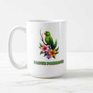 Caneca De Café "Adoro papagaios - Papagaio Tropical Colorido e Fl