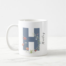 Caneca De Café Aestética Watercolor Floral - Letra H Monograma