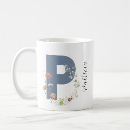 Caneca De Café Aestética Watercolor Floral - Letra P Monograma