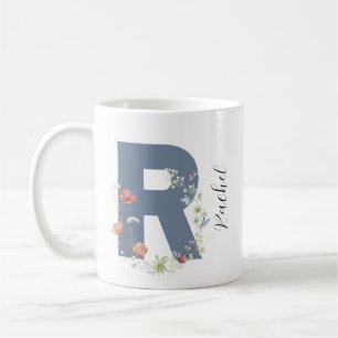 Caneca De Café Aestética Watercolor Floral - Letra R Monograma