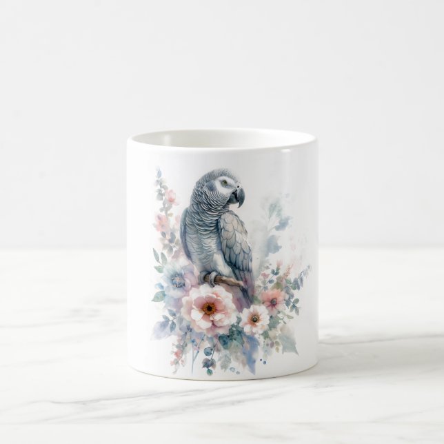Caneca De Café African Grey Parrot Floral Watercolor (Centro)