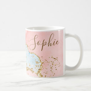 Caneca De Café Ágata Brilhante Rosa e Branco e Dourado Falso
