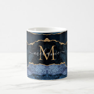 Caneca De Café Agate Marinho Azul Dourado Seu Nome Carta Mug Pres