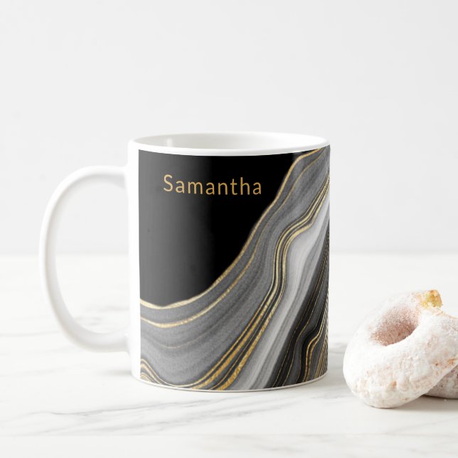 Caneca De Café Agato Luxuoso Preto, Dourado e Cinza Monograma (Com Donut)