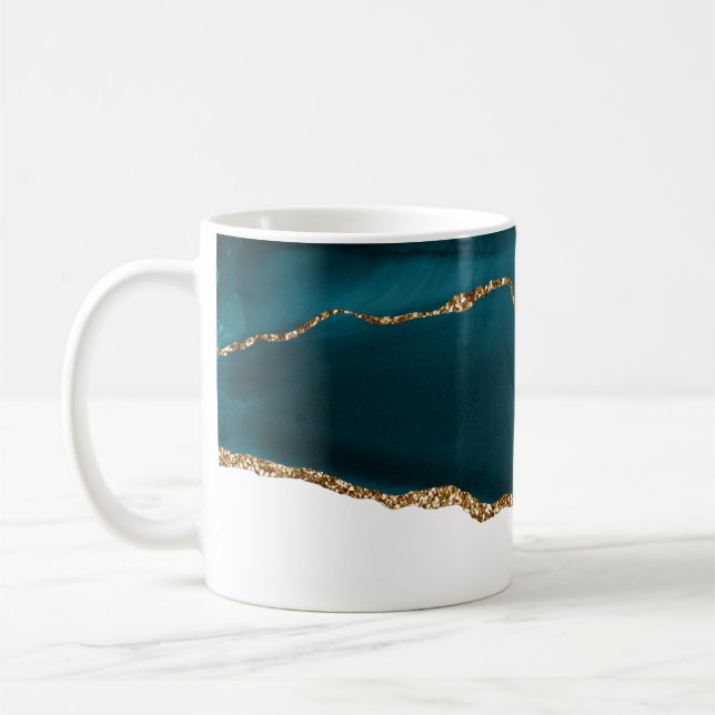 Caneca De Café Agato Teal Moderno de Na moda e Faixa Dourada de B (Esquerda)