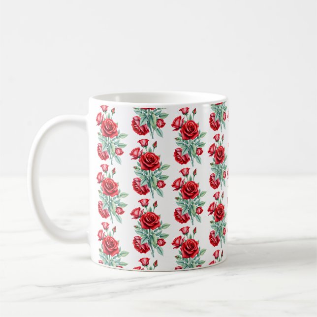 Caneca De Café aglomerado de rosas vermelhas com folhas verdes (Esquerda)