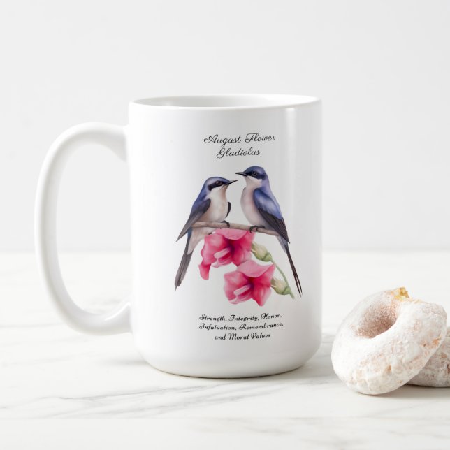 Caneca De Café Agosto Mês de Nascimento Flor Gladiolus com Aves (Com Donut)
