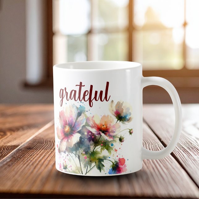 Caneca De Café Agradecido Moderno (Floral And Script' Grateful')