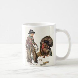 Caneca De Café Agradecimento Vintage, Cowboy Pegando um Peru