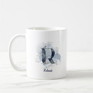 Caneca De Café Água Azul Personalizada Nome Letra Inicial R