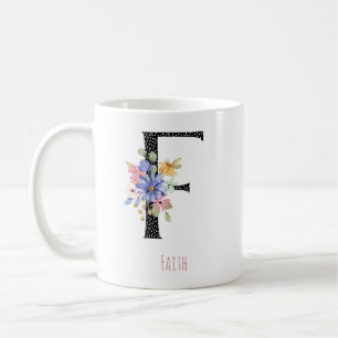 Caneca De Café Água Floral Aquarela F Monograma Nome Bolinhas Pre