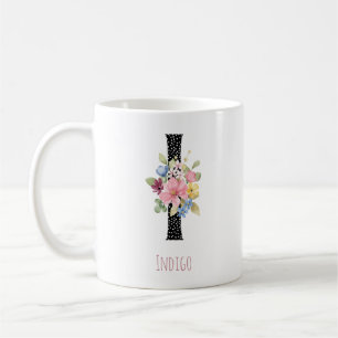 Caneca De Café Água Floral Aquarela H Monograma Nome Preto Bolinh